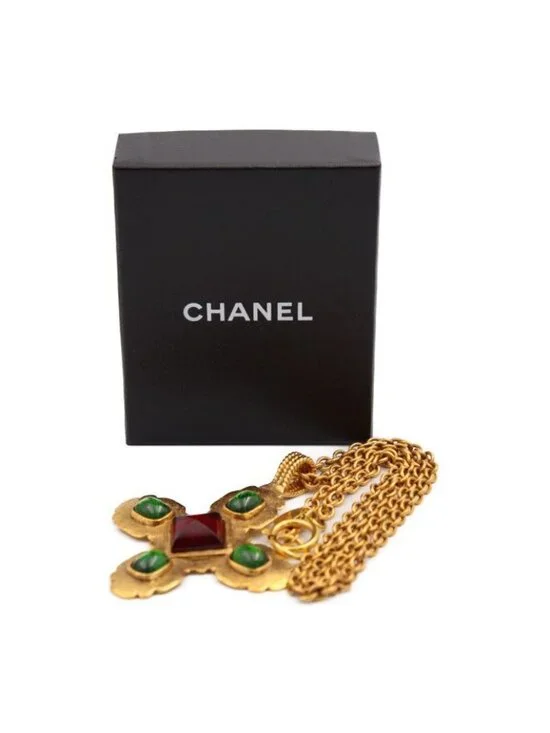 Chanel Colored Stone Necklace Metal Gold Red Green Gripoix - Picture 8 of 8
